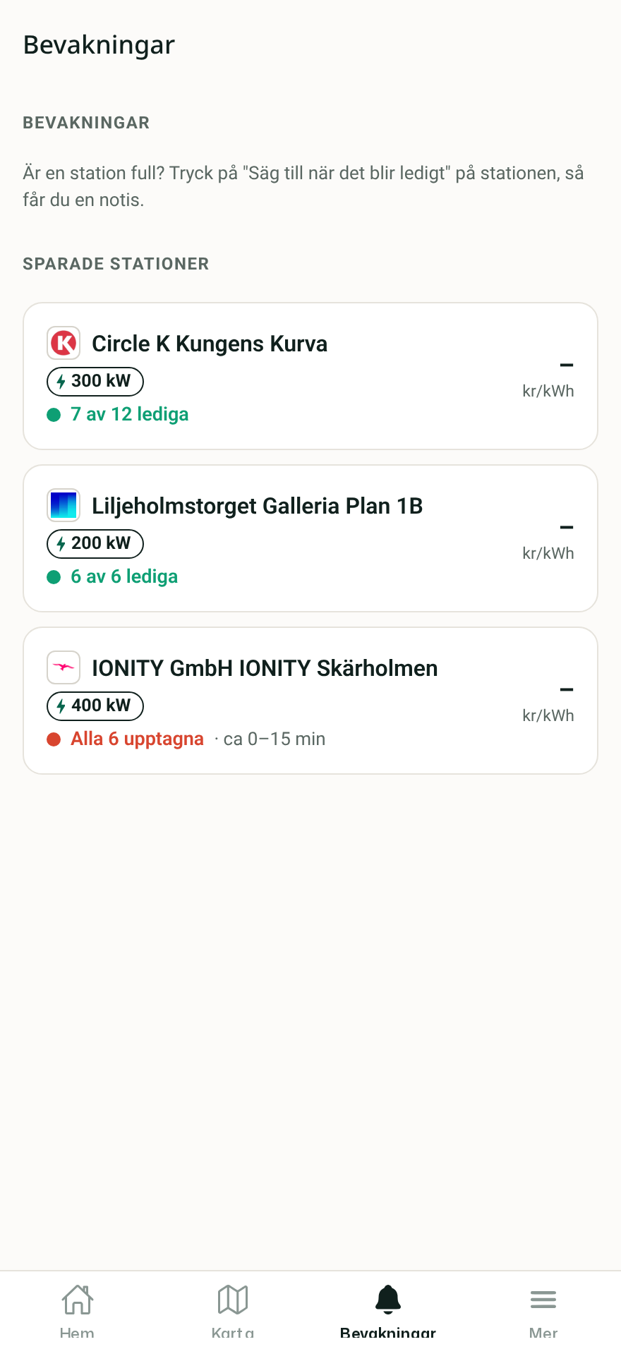 Bevakningar och sparade stationer i Laddtorsk-appen