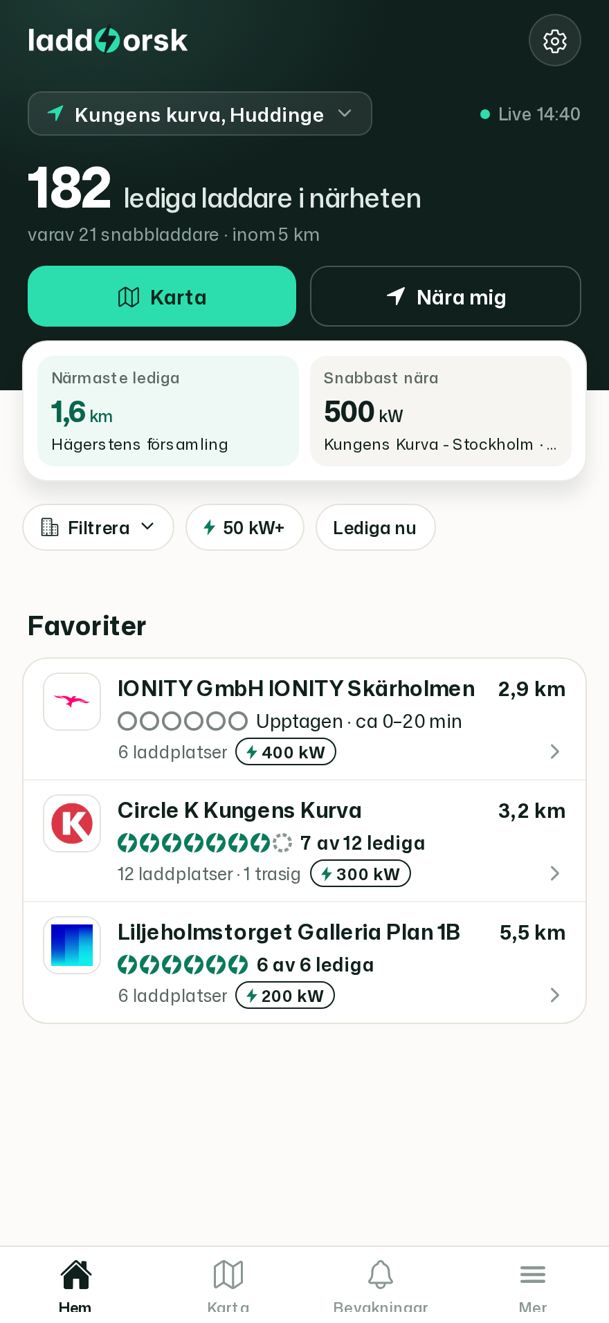 Laddtorsk-appens startsida: antal lediga laddare i närheten, närmaste lediga och snabbaste laddare, filter och favoriter
