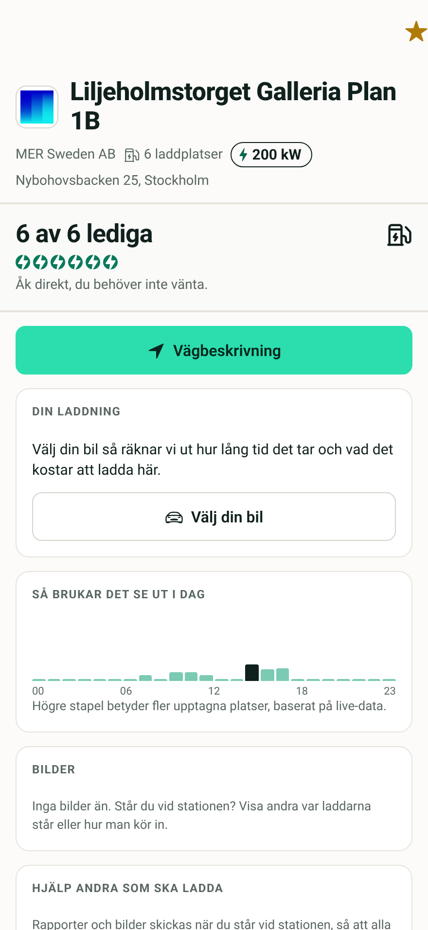 En laddstation i Laddtorsk-appen: lediga laddplatser, effekt, vägbeskrivning och vad laddningen kostar för din bil